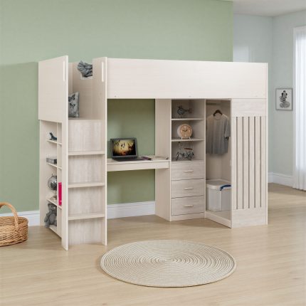 Jupiter High Sleeper Bed With Study Desk and Storage- White/Grey