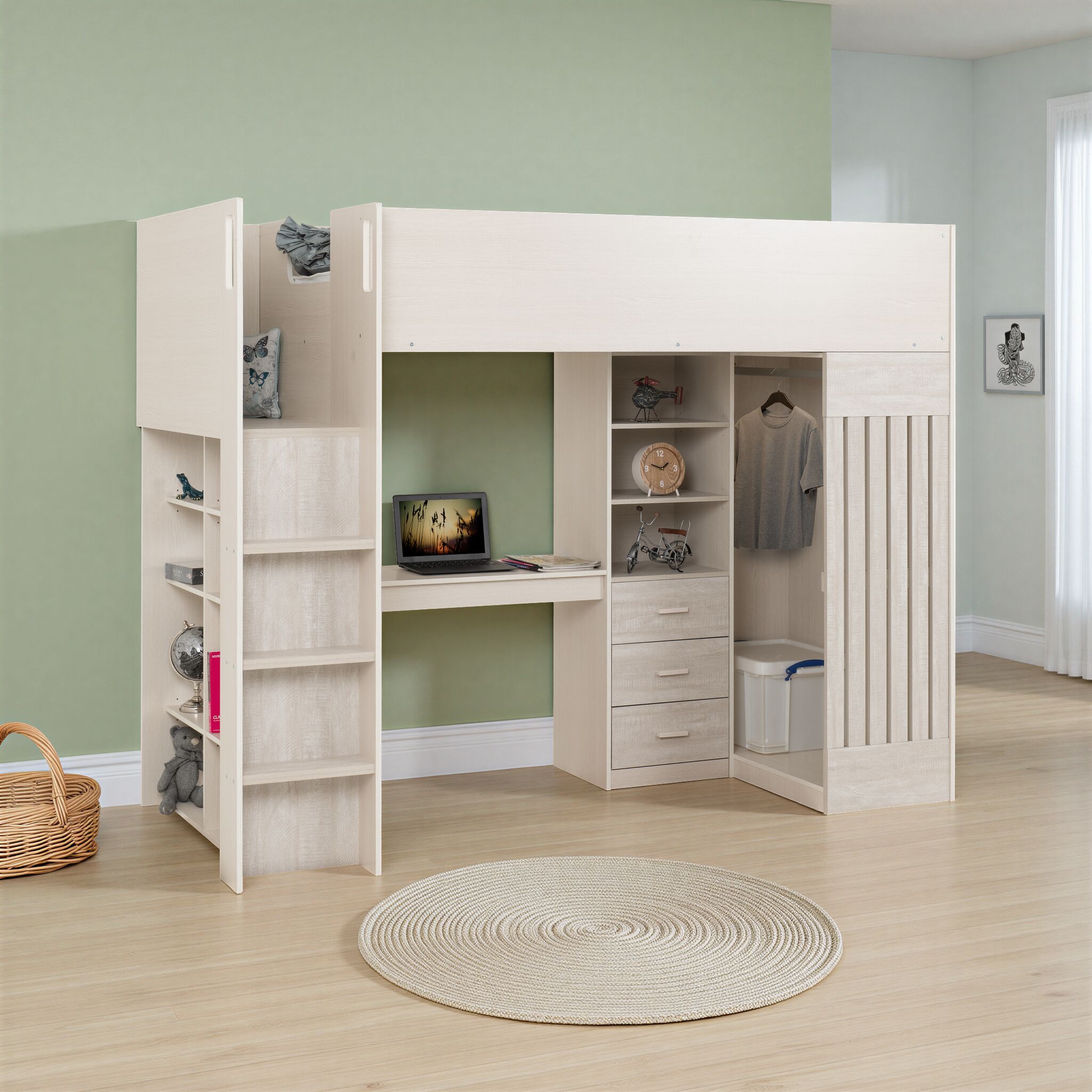 200-206-022 Jupiter High Sleeper Bed With Study Desk and Storage- White/Grey - Image 1